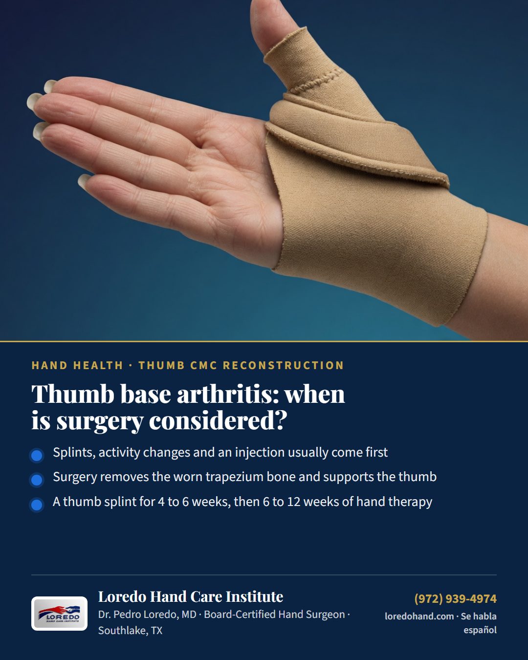 Thumb base arthritis: when is surgery considered? Loredo Hand Care Institute patient education card