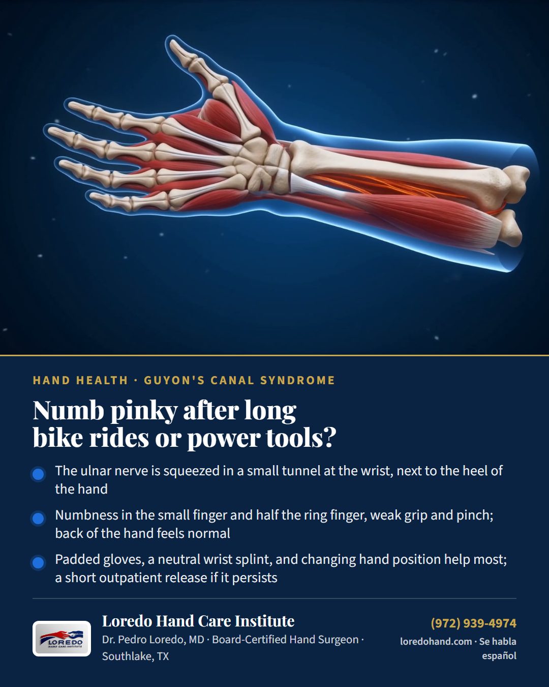 Numb pinky after long bike rides or power tools? Loredo Hand Care Institute patient education card