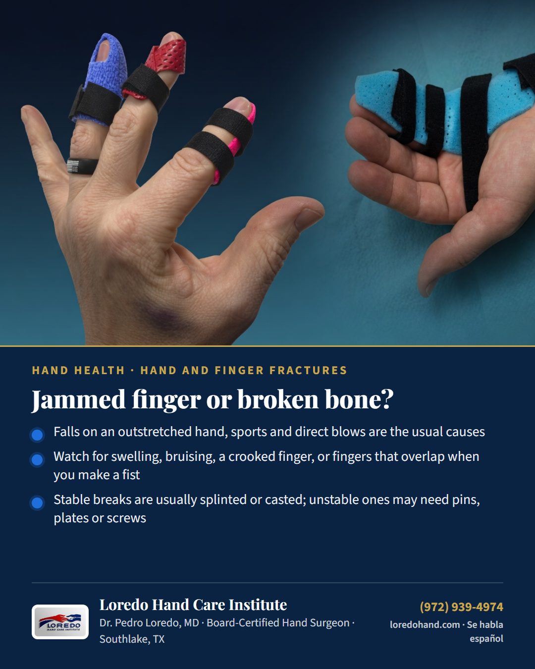 Jammed finger or broken bone? Loredo Hand Care Institute patient education card