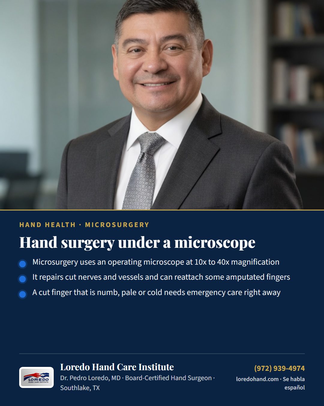 Hand surgery under a microscope Loredo Hand Care Institute patient education card