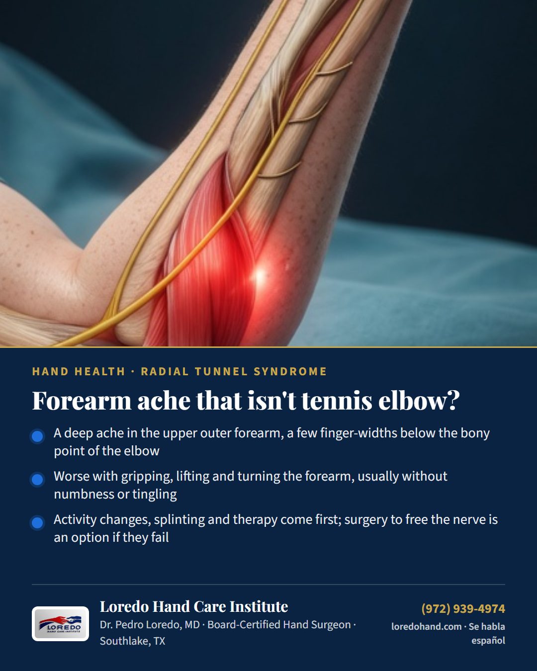 Forearm ache that isn't tennis elbow? Loredo Hand Care Institute patient education card