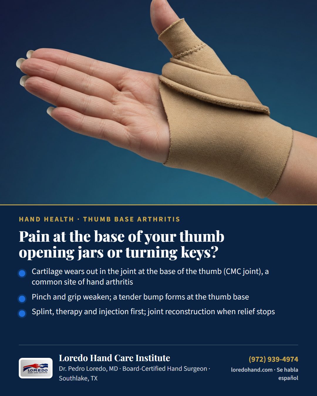 Pain at the base of your thumb opening jars or turning keys? Loredo Hand Care Institute patient education card