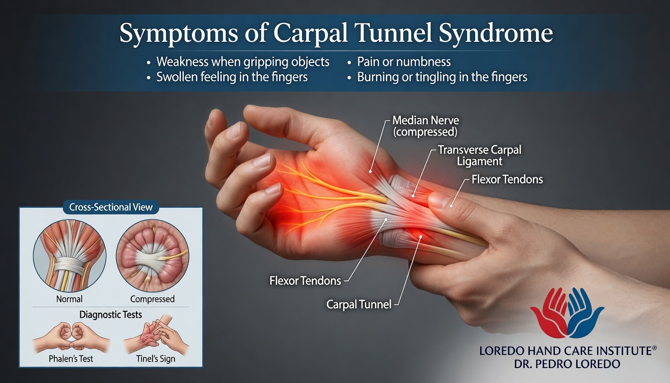 Symptoms of carpal tunnel syndrome infographic showing weakness when gripping objects, swollen feeling in the fingers, pain or numbness, and burning or tingling. Includes a hand illustration with the median nerve and transverse carpal ligament labeled, a cross-sectional view comparing normal versus compressed median nerve, and the Phalen test and Tinel sign diagnostic exam techniques. Created for Loredo Hand Care Institute by Dr. Pedro Loredo.