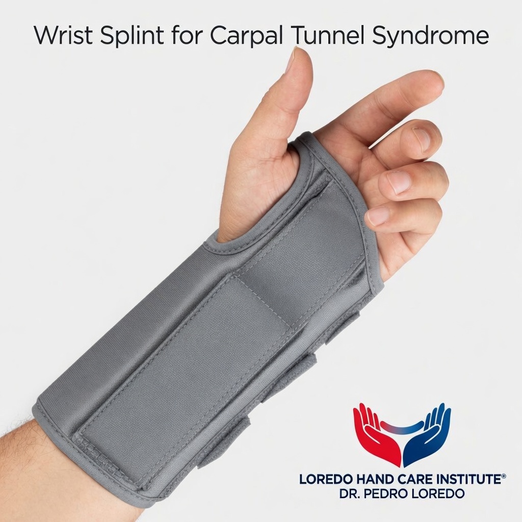 Wrist splint for carpal tunnel syndrome shown on a patient hand. The splint holds the wrist in a neutral position to prevent the wrist-flexed postures that increase pressure inside the carpal tunnel during sleep. Created for Loredo Hand Care Institute by Dr. Pedro Loredo.