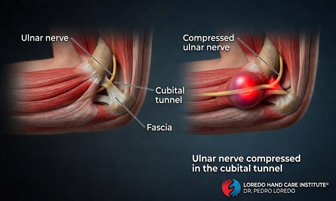 Two-panel anatomical illustration of the cubital tunnel at the medial elbow. Left panel shows normal anatomy with the ulnar nerve passing through the cubital tunnel beneath the fascia and behind the medial epicondyle. Right panel shows the compressed ulnar nerve with red inflammation indicating compression at the cubital tunnel. Created for Loredo Hand Care Institute by Dr. Pedro Loredo.