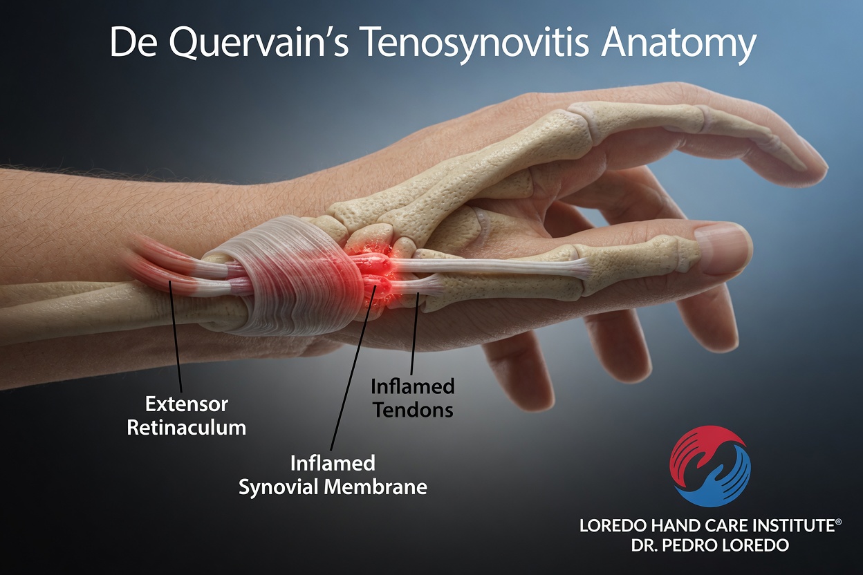 Anatomical illustration of De Quervain tenosynovitis showing the radial side of the right wrist and hand. The extensor retinaculum is labeled covering the first dorsal compartment. The inflamed synovial membrane and inflamed abductor pollicis longus and extensor pollicis brevis tendons are highlighted in red at the radial styloid. Created for Loredo Hand Care Institute by Dr. Pedro Loredo.