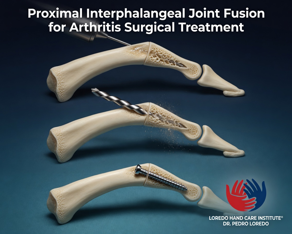 Proximal interphalangeal (PIP) joint fusion three-step procedure illustration showing the arthritic joint surfaces being prepared with a high-speed burr, the joint surfaces being drilled to expose bleeding bone for healing, and the final fixation with a compression screw across the joint. Created for Loredo Hand Care Institute by Dr. Pedro Loredo.