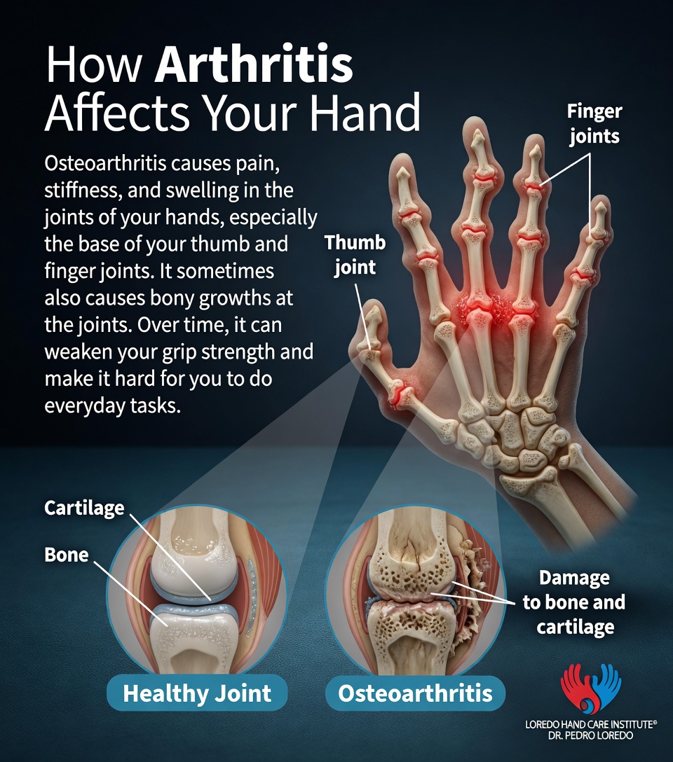 How arthritis affects the hand showing the major affected joints (thumb CMC and finger joints) with red inflammation overlay. Bottom comparison shows healthy joint with intact cartilage and bone versus osteoarthritic joint with cartilage damage, joint space narrowing, and bone-on-bone contact. Created for Loredo Hand Care Institute by Dr. Pedro Loredo.