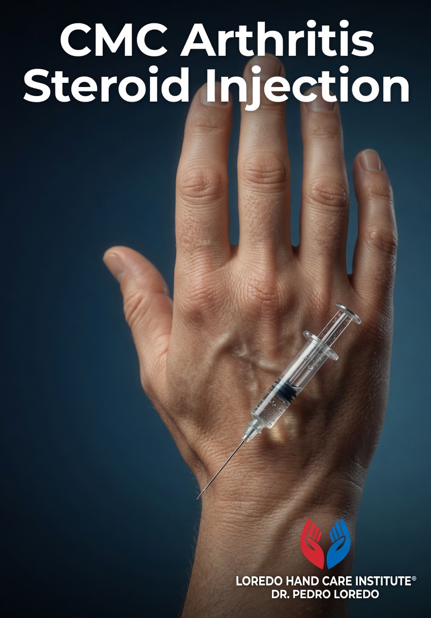 CMC arthritis steroid injection clinical photograph showing the corticosteroid injection technique at the thumb base. Sterile gloves and proper needle entry shown at the dorsoradial aspect of the CMC joint. Created for Loredo Hand Care Institute by Dr. Pedro Loredo.