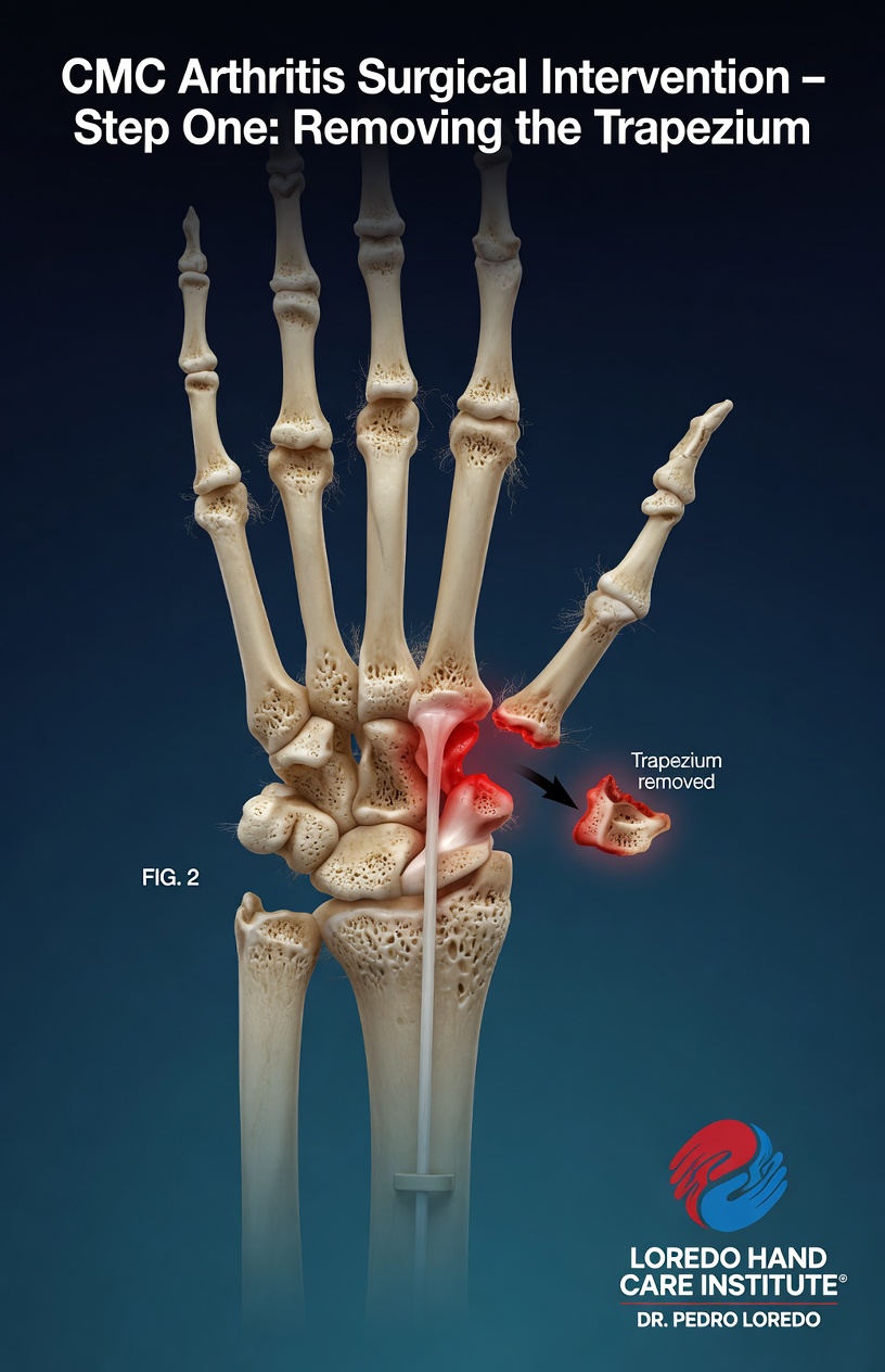 Step 1 of CMC arthritis surgery showing the arthritic trapezium being removed from the thumb base. Anatomical illustration highlights the trapezium bone in red being lifted out of the wrist, exposing the cleared space where the suspensionplasty reconstruction will be performed. Created for Loredo Hand Care Institute by Dr. Pedro Loredo.