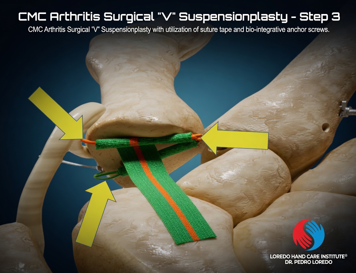 Step 3 of CMC arthritis surgery showing the V-configuration suspensionplasty with green and orange suture tape arranged in a V pattern between the bio-integrative anchor screw points. Yellow arrows indicate the anchor and tape attachment points. Created for Loredo Hand Care Institute by Dr. Pedro Loredo.