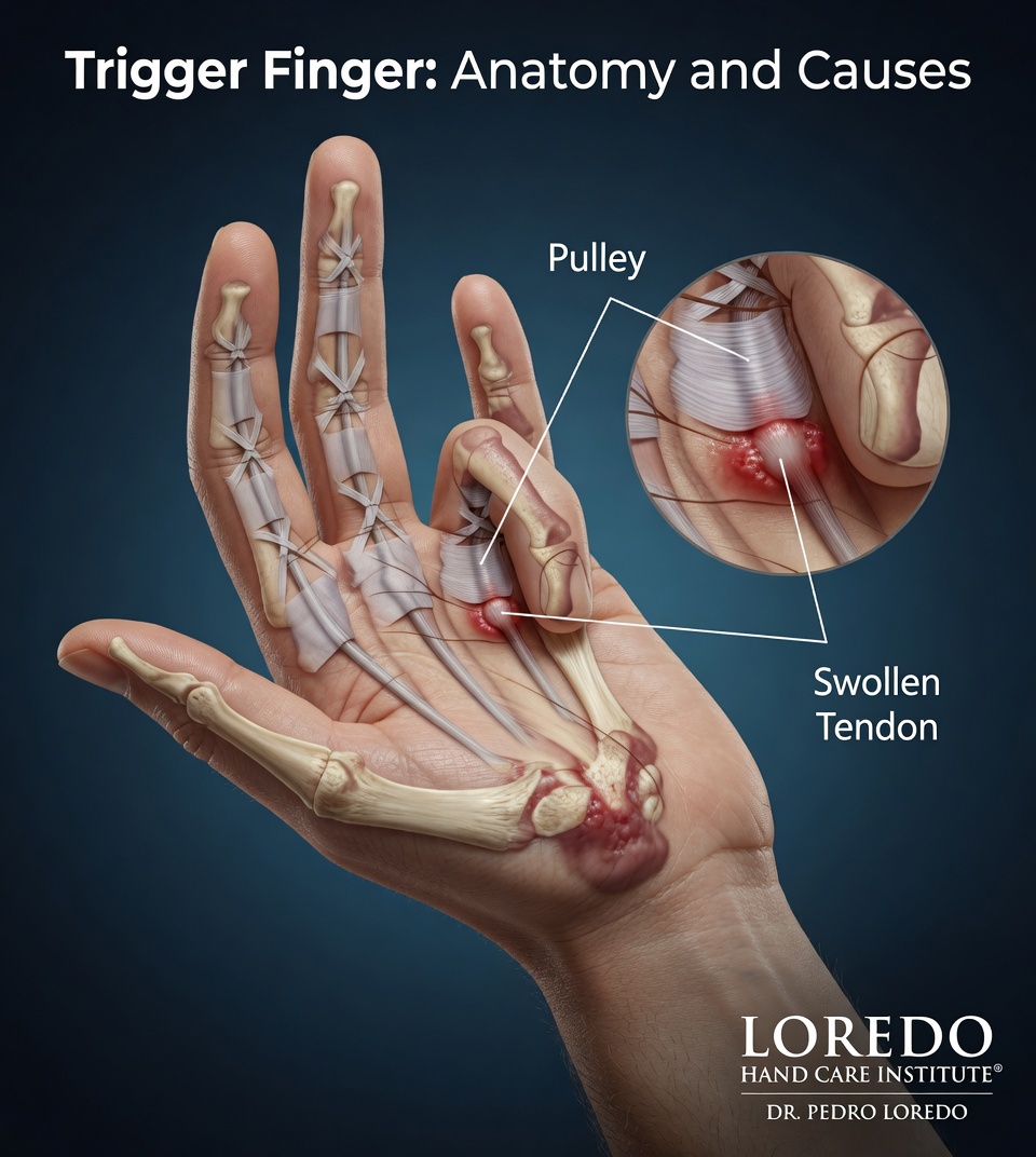 Trigger finger anatomy and causes illustration showing the volar palm side of a hand with the flexor tendon pulley system labeled. A magnified inset shows the swollen flexor tendon catching at the inflamed A1 pulley at the base of the affected finger, the mechanical obstruction that creates the catching and locking. Created for Loredo Hand Care Institute by Dr. Pedro Loredo.