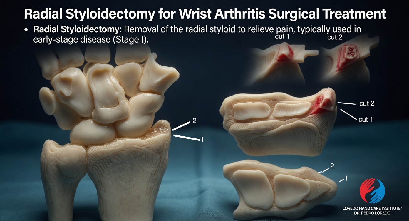 Radial styloidectomy for wrist arthritis surgical treatment showing the radial styloid bone being resected with two cuts shown on the carpal bones, typically used in early-stage SLAC or SNAC wrist disease. Anatomical models of the wrist demonstrate the surgical resection. Created for Loredo Hand Care Institute by Dr. Pedro Loredo.