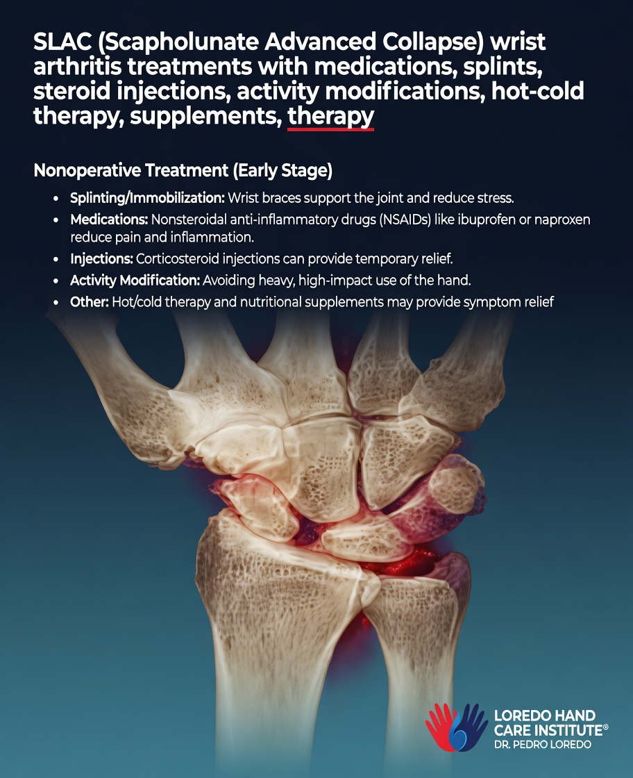 SLAC wrist arthritis nonoperative treatments for early-stage disease listed: splinting and immobilization with wrist braces, NSAIDs (ibuprofen, naproxen), corticosteroid injections, activity modification, hot and cold therapy, nutritional supplements. Anatomical wrist illustration showing the arthritic joint pattern. Created for Loredo Hand Care Institute by Dr. Pedro Loredo.